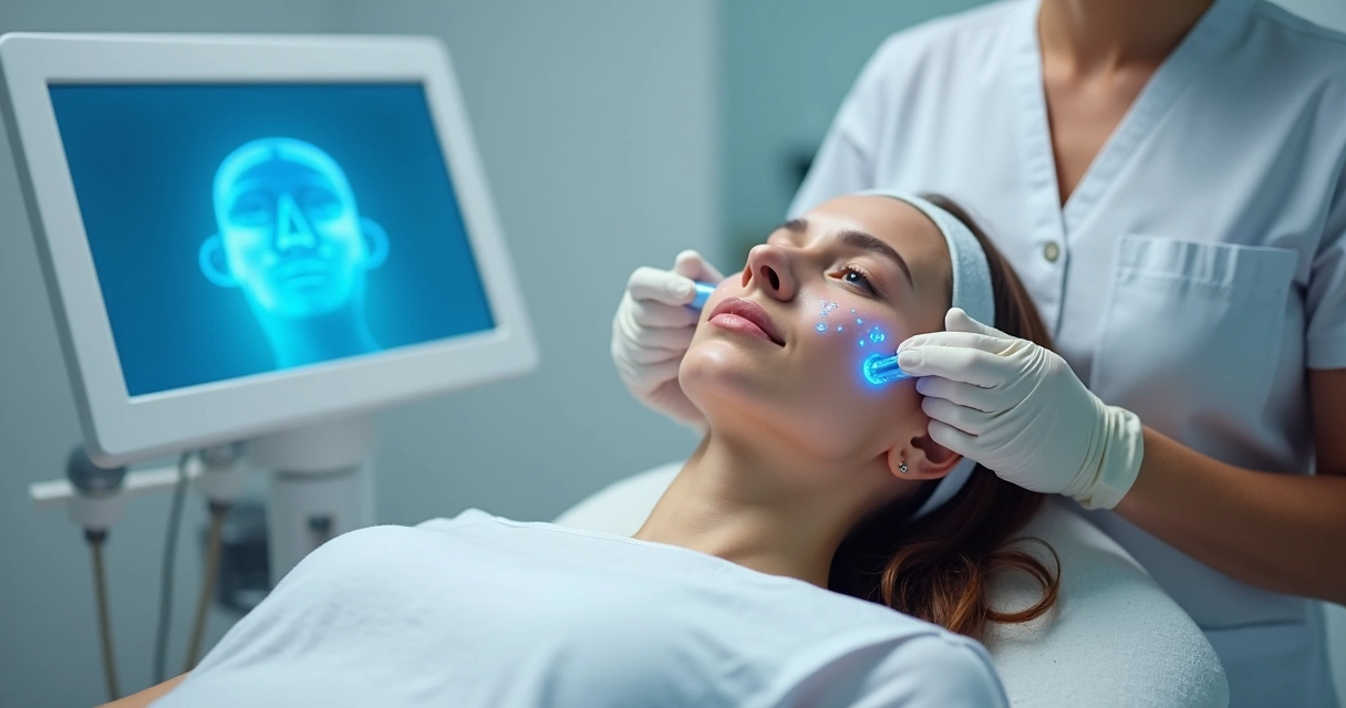 Aplicação de ultrassom microfocado em rosto feminino 
