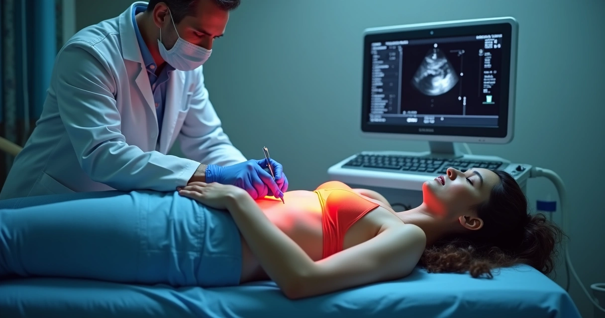 Médico operando ultrassom abdominal junto ao fígado e vesícula biliar