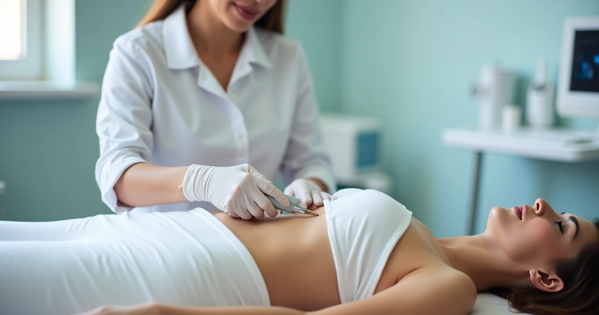 Aplicação de ultrassom macrofocado no abdômen de paciente em clínica estética.