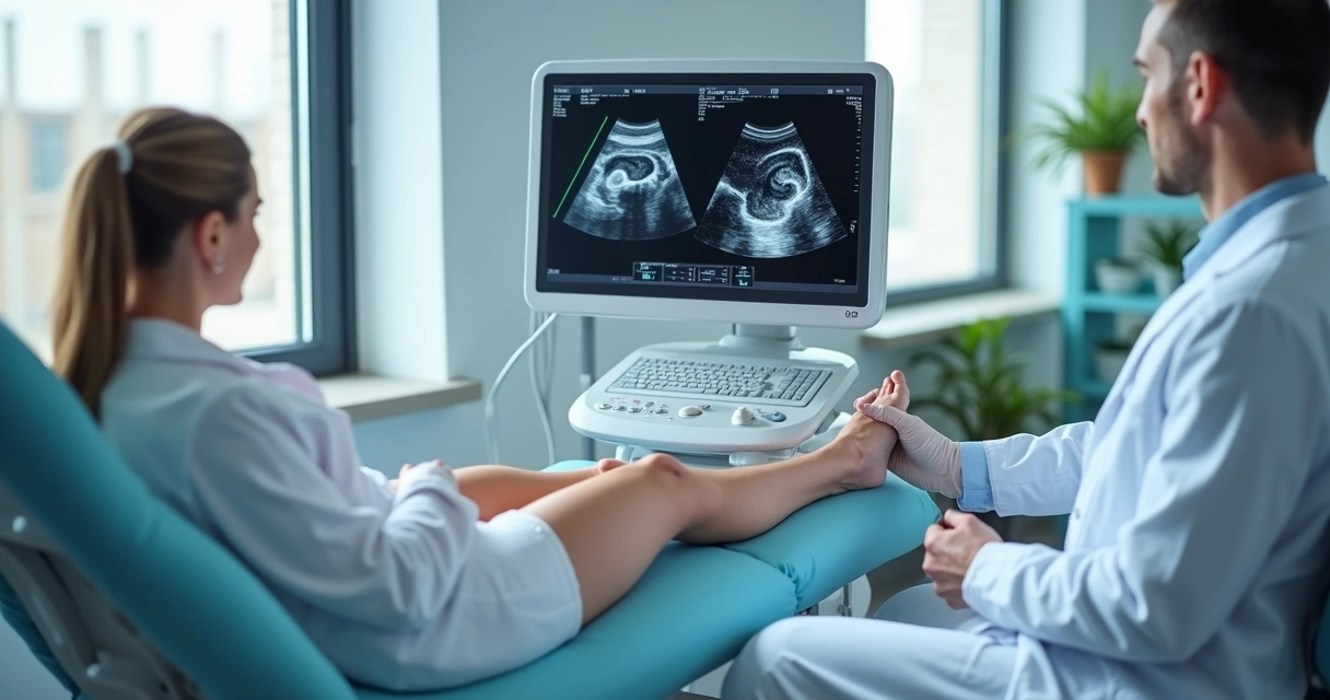Equipamento moderno de ultrassom com tela mostrando imagem colorida de veias das pernas durante exame vascular 