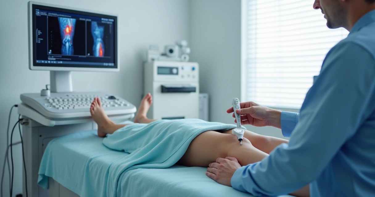 Ultrassom com profissional médico realizando exame de mapeamento venoso em paciente deitado 