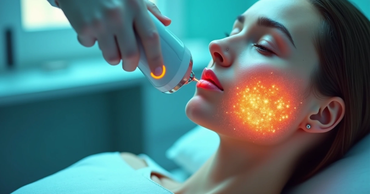 Micropontos de ultrassom sendo aplicados no contorno do rosto 