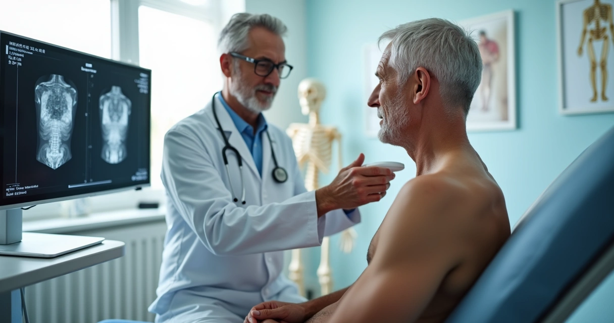 Médico realizando ultrassom musculoesquelético no ombro de paciente em consultório moderno 