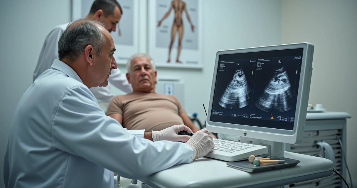 Ortopedista realizando procedimento guiado por ultrassom no ombro de paciente 