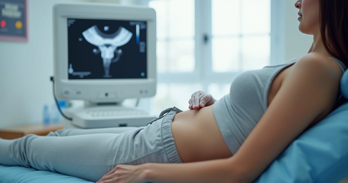 Exame de ultrassom pélvico em consultório ginecológico 