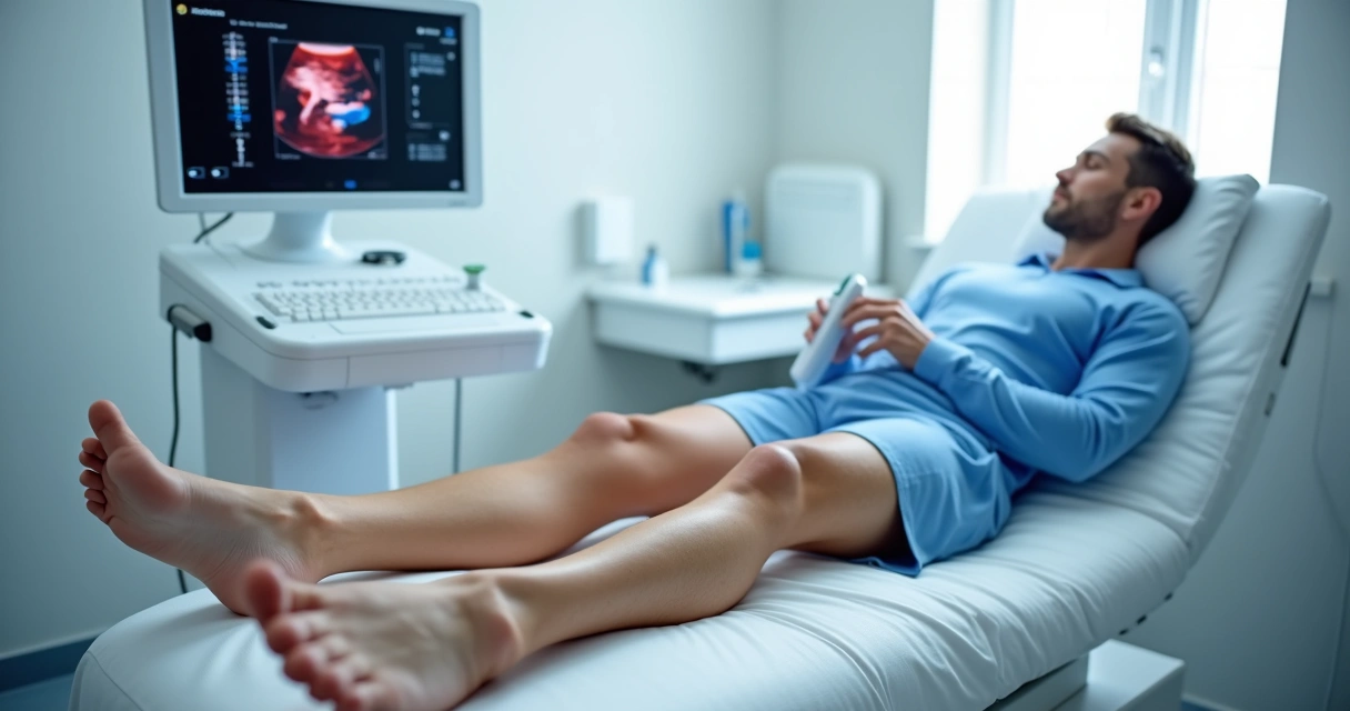 Paciente em exame de ultrassom Doppler das pernas realizado por profissional de saúde
