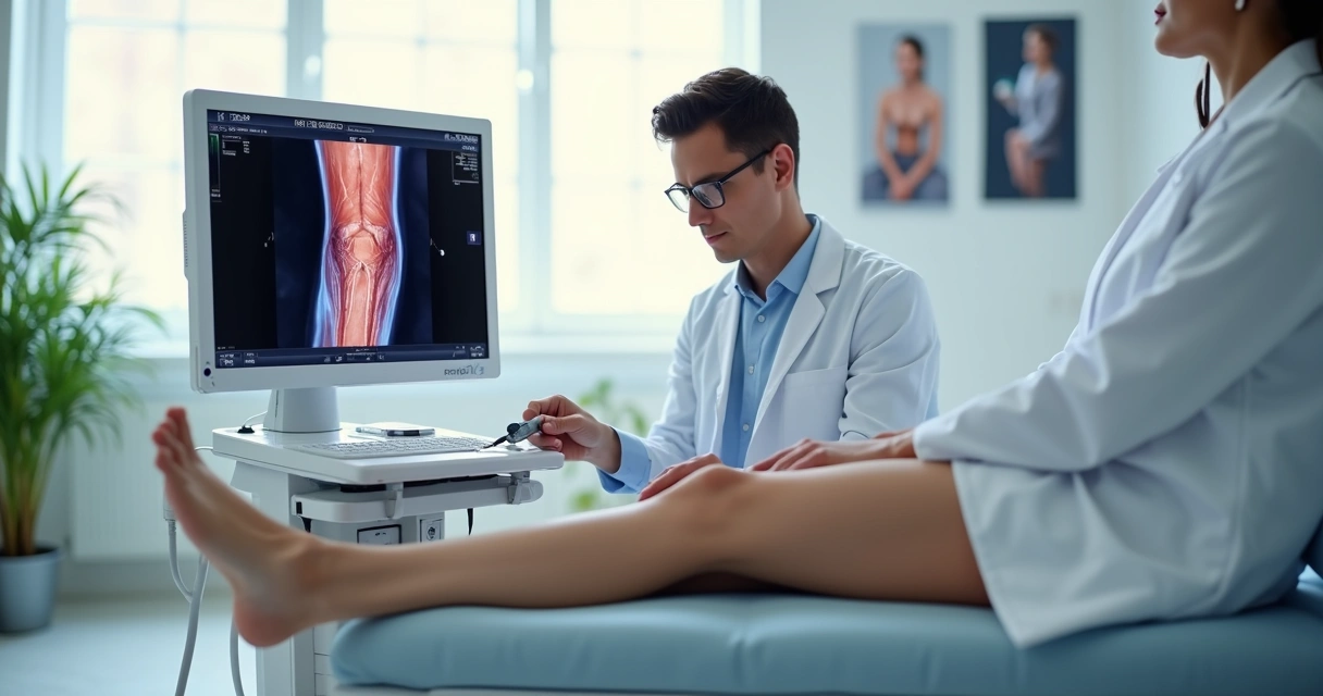 Médico realizando ultrassom nas veias da perna de paciente em consultório moderno 