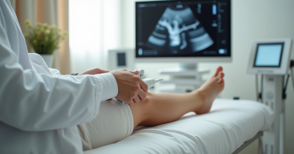 Ultrassom vascular sendo realizado nas pernas 