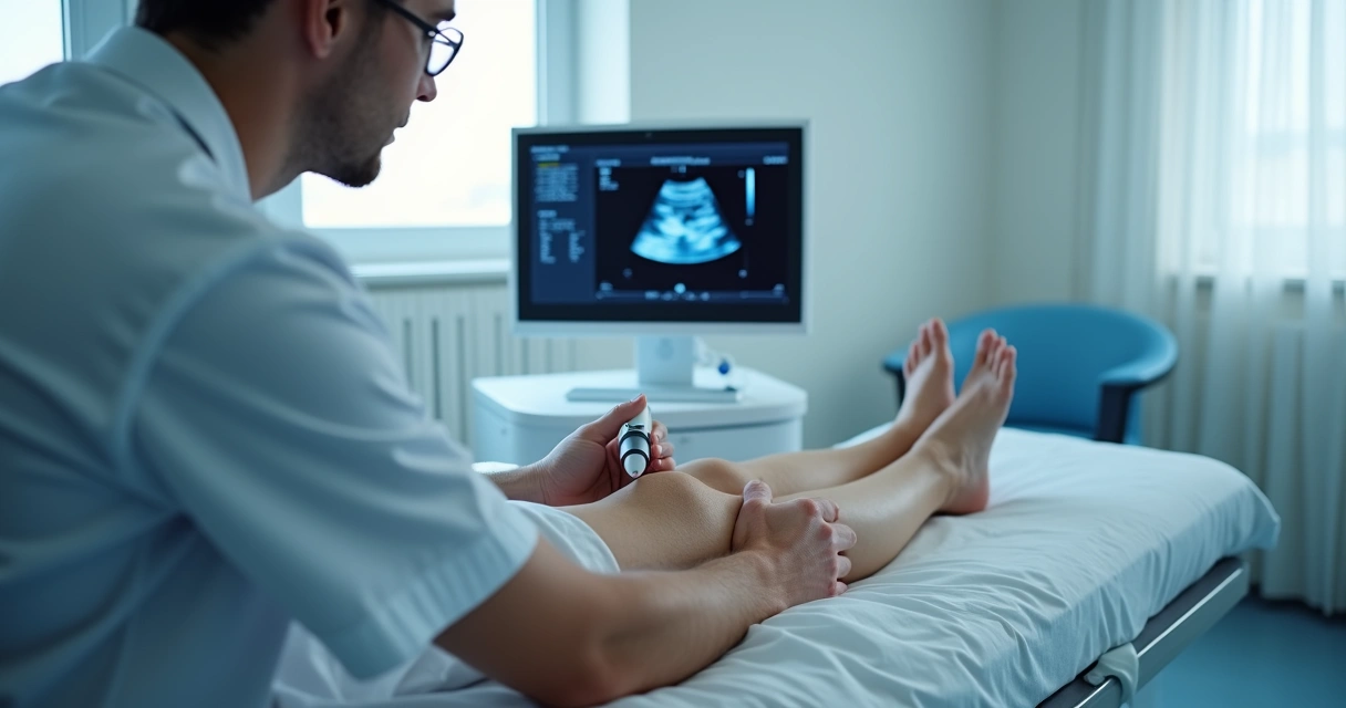 Médico realizando ultrassom doppler nas pernas de paciente sentado 