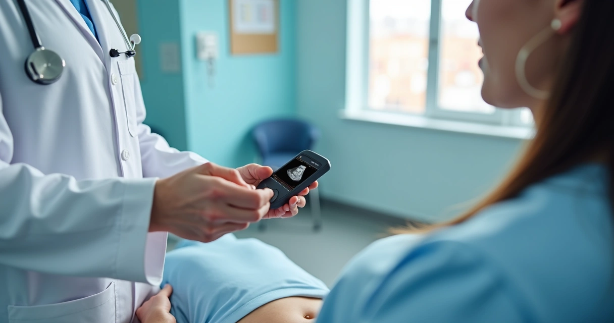 Ultrassom portátil de bolso sendo usado em ambiente clínico 