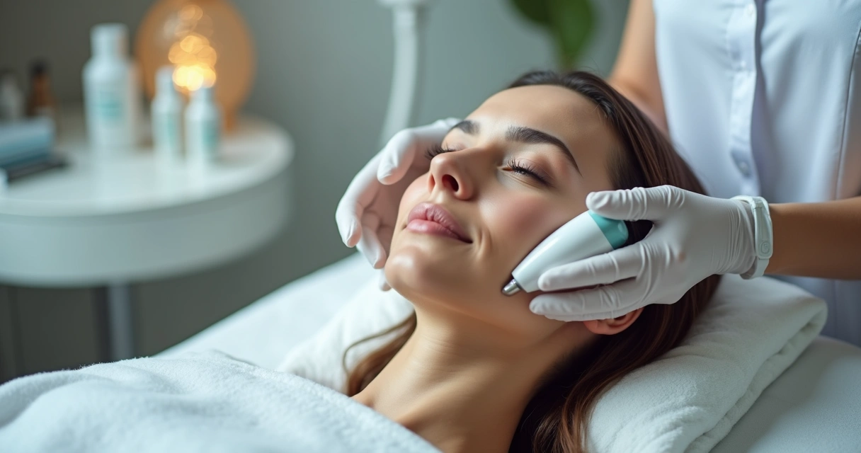 Aplicação de ultrassom em pele madura do rosto feminina deitada 