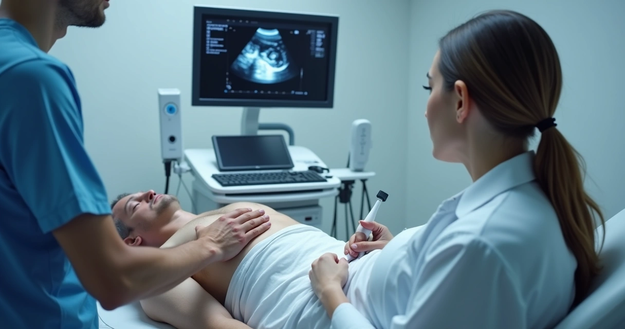 Ultrassom testicular sendo realizado 