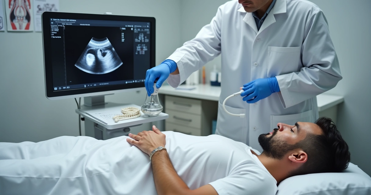 Médico realizando ultrassom testicular com orquidômetro ao lado do paciente 