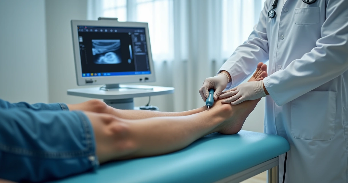 Médico realizando ultrassom Doppler em perna de paciente 
