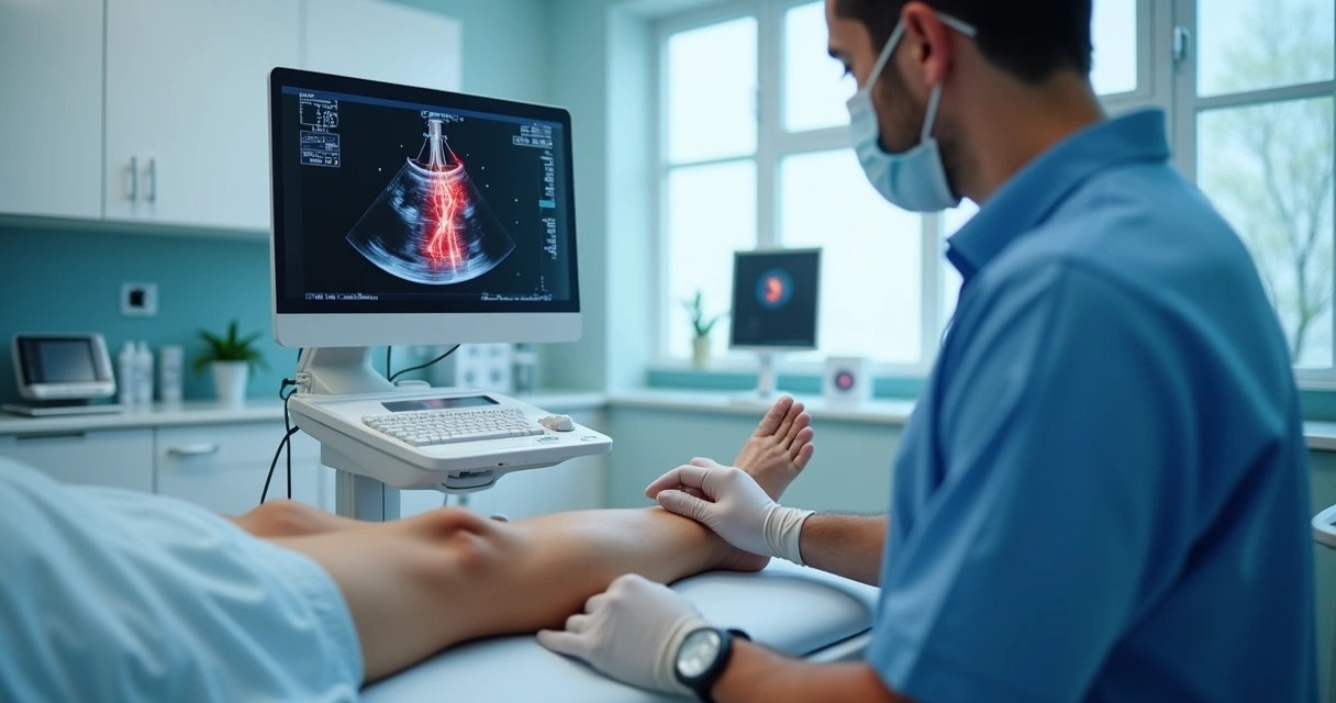 Exame de ultrassom na perna de paciente com suspeita de tromboflebite 