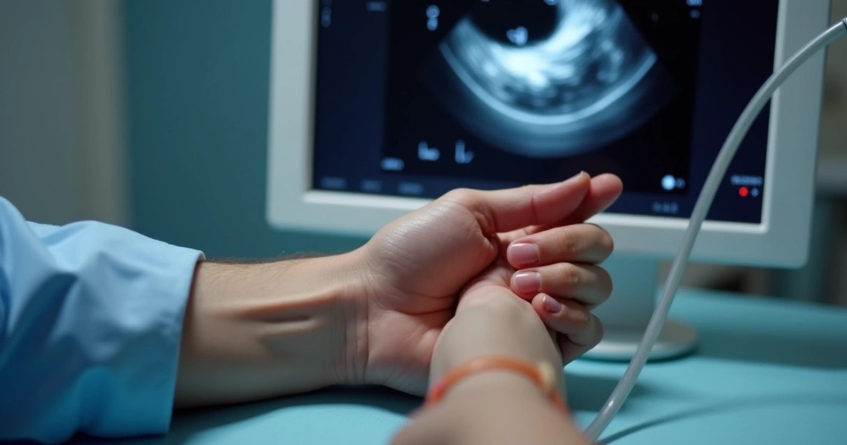 Mão e punho sendo examinados por ultrassom mostrando nervo mediano 