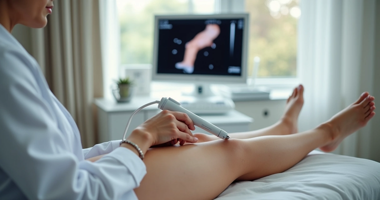 Ultrassom vascular guiando tratamento de varizes no consultório 