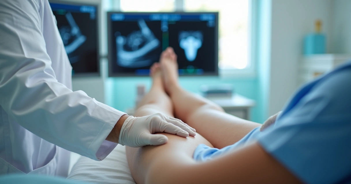 Ultrassom vascular nas pernas durante avaliação médica 