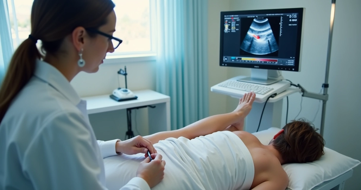 Ultrassom vascular sendo realizado nas pernas 