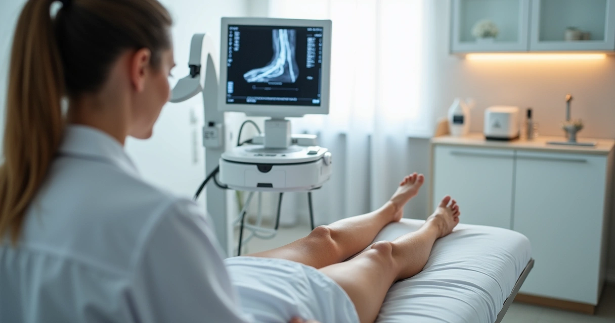 Ultrassom vascular sendo realizado em pernas em clínica moderna 