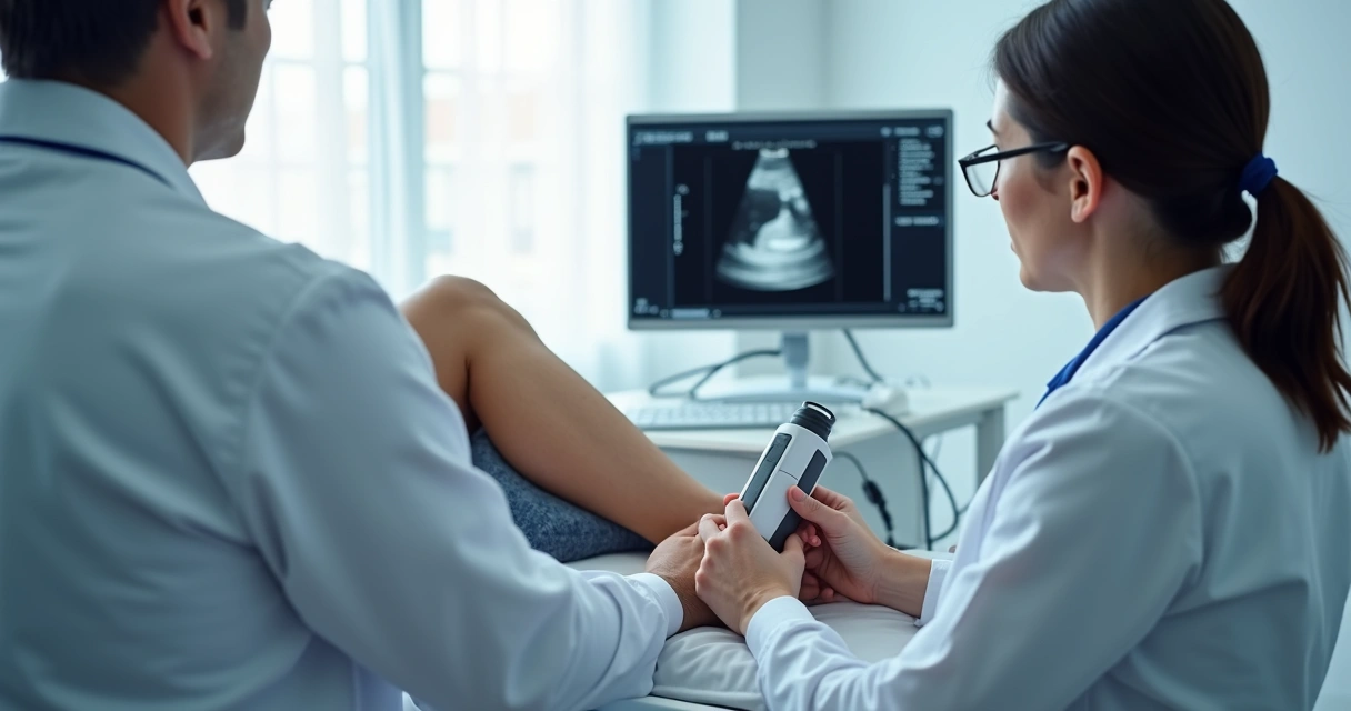 Exame de ultrassom Doppler venoso na perna em clínica vascular