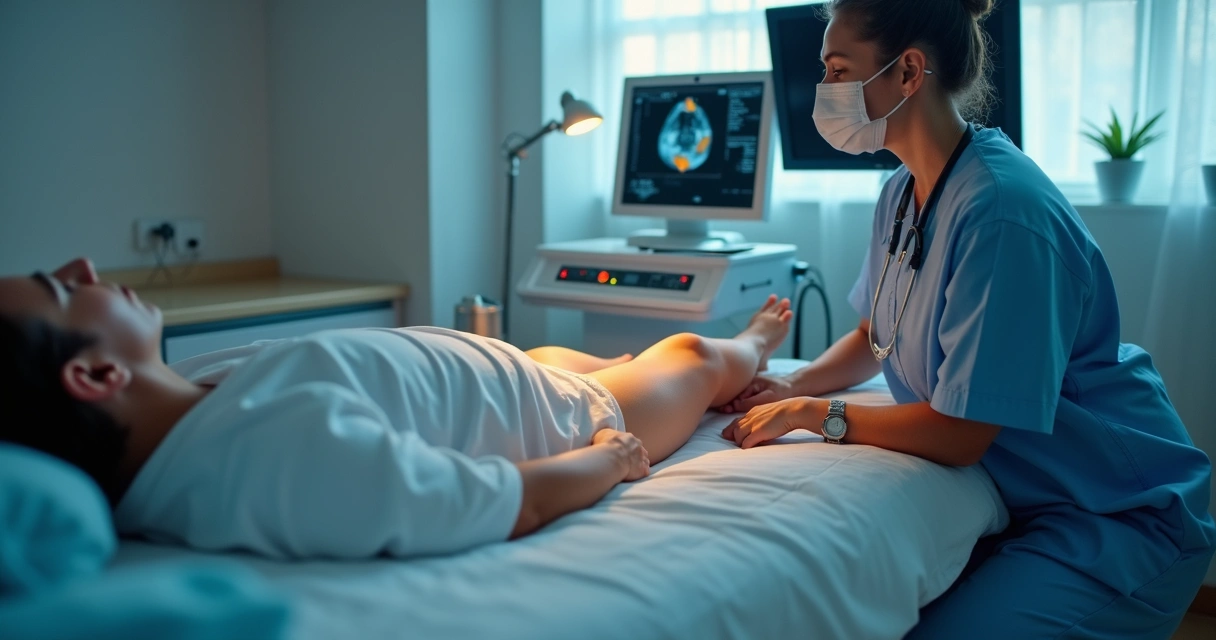 Exame de ultrassom vascular em perna de paciente em clínica moderna 