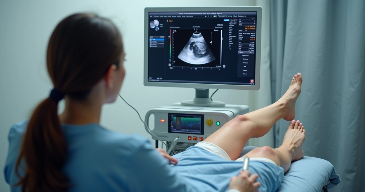 Exame de ultrassom vascular na perna em consultório