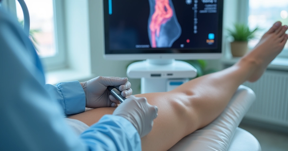 Ultrassom vascular sendo realizado nas pernas 