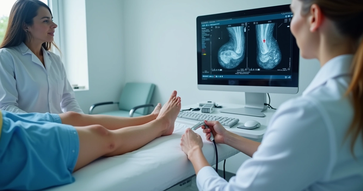 Ultrassom vascular sendo realizado na perna