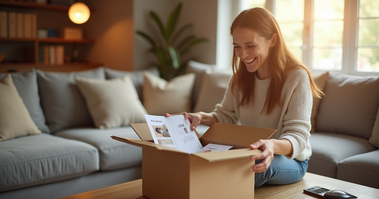 Cliente sorrindo ao abrir embalagem personalizada de papel com produtos de e-commerce