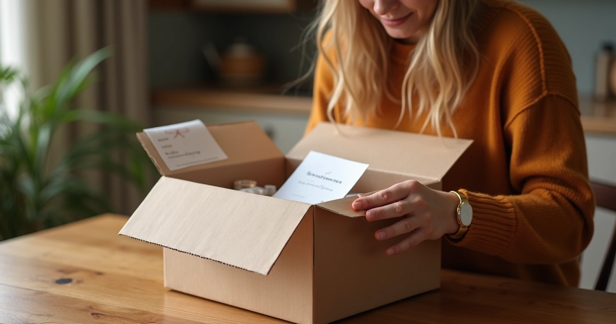 Cliente abrindo box de assinatura, feliz, com itens personalizados e bilhete de boas-vindas 