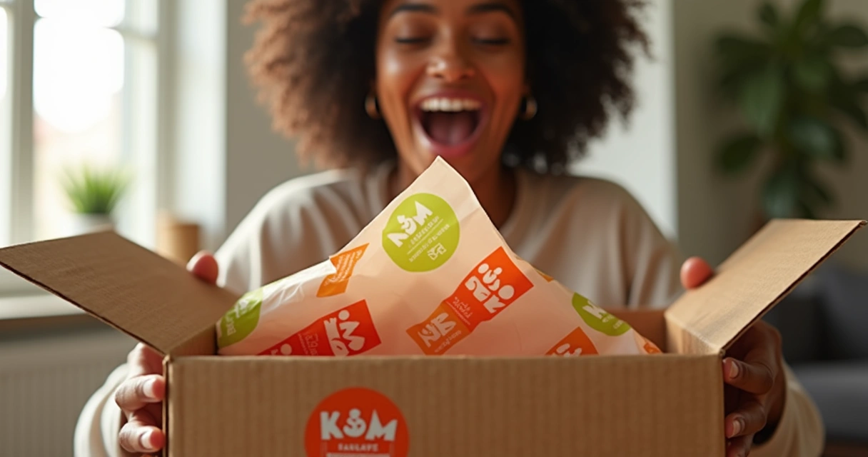 Pessoa abrindo caixa de papelão personalizada com expressão de surpresa 