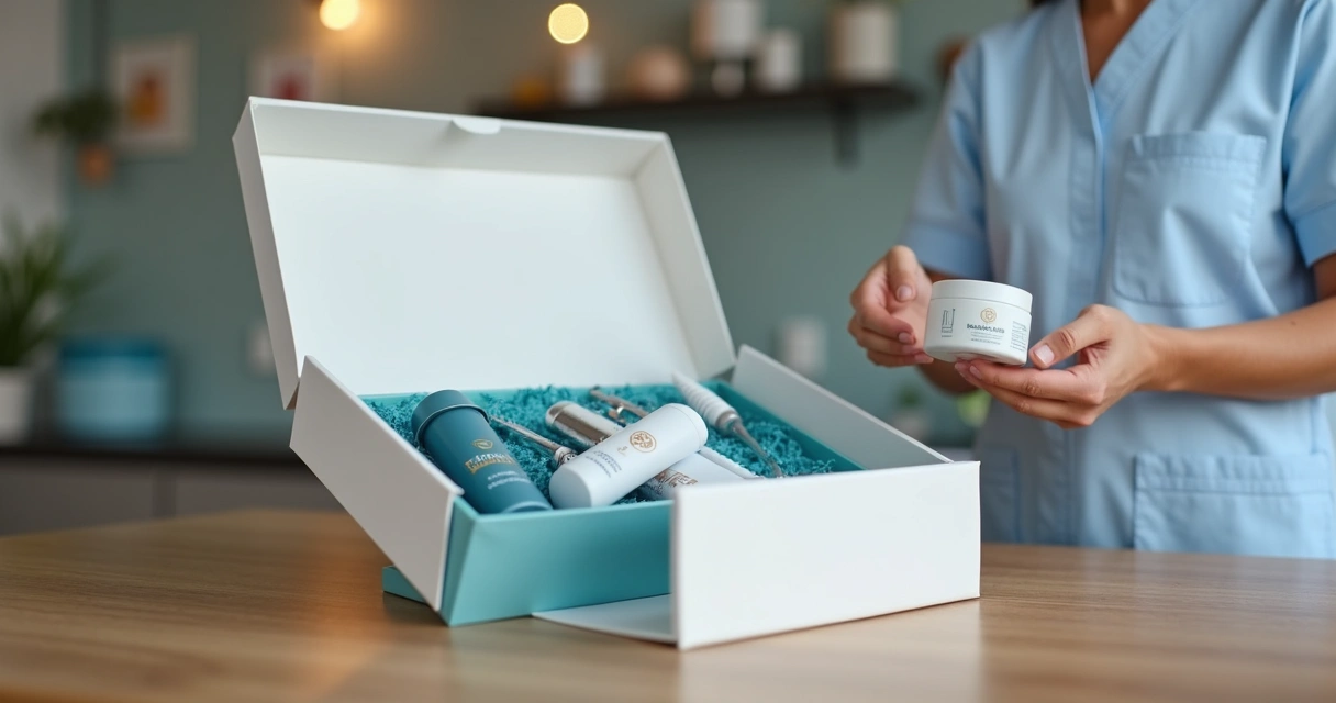 Profissional da saúde abrindo uma caixa premium, itens personalizados organizados, ambiente clean 