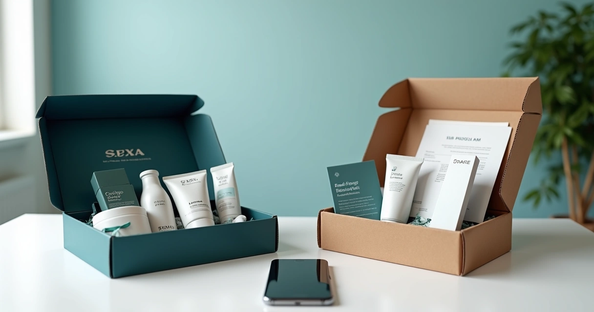 Comparação entre caixa de kit premium e embalagem econômica em cenário de unboxing de saúde 