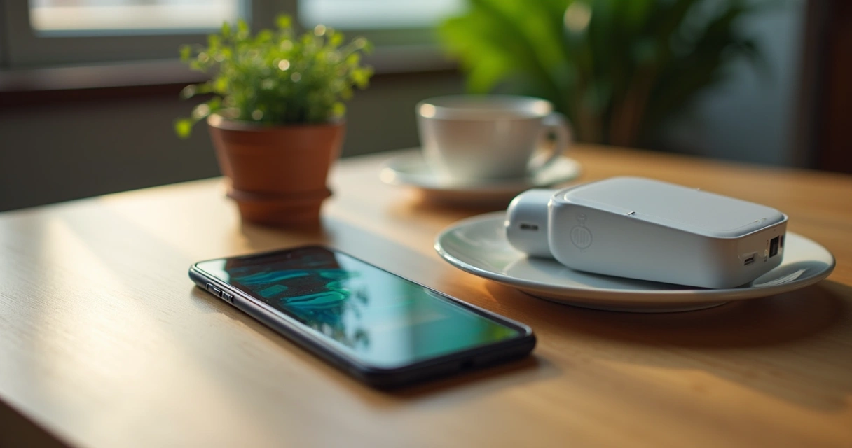Smartphone sendo desembrulhado em uma mesa de café elegante, com acessórios em um ambiente aconchegante.