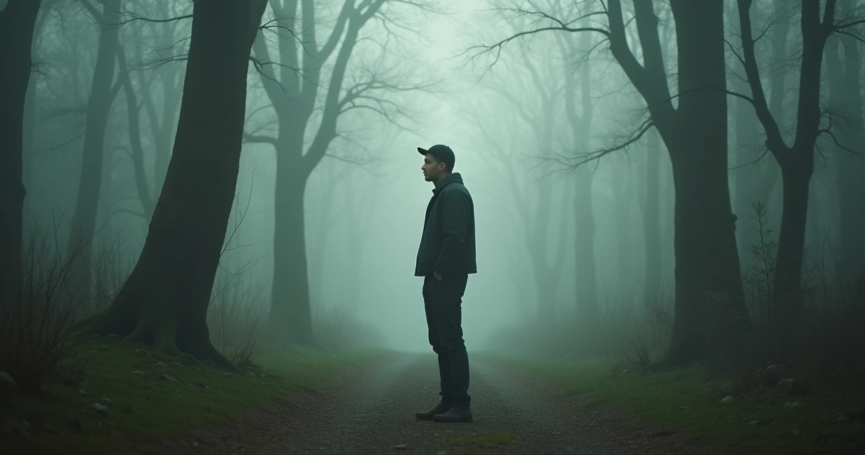 Man standing on a foggy path with uncertain direction 