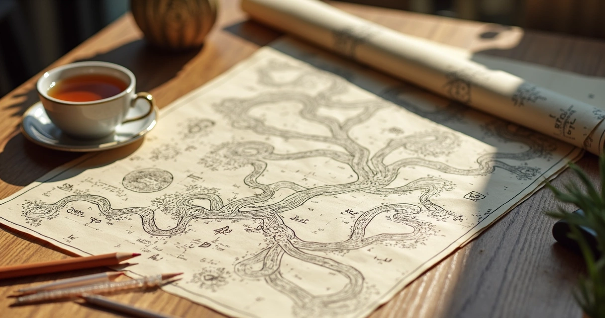 Hand-drawn map with winding paths, crossroads, and symbols of both confusion and discovery, displayed on a wooden table.