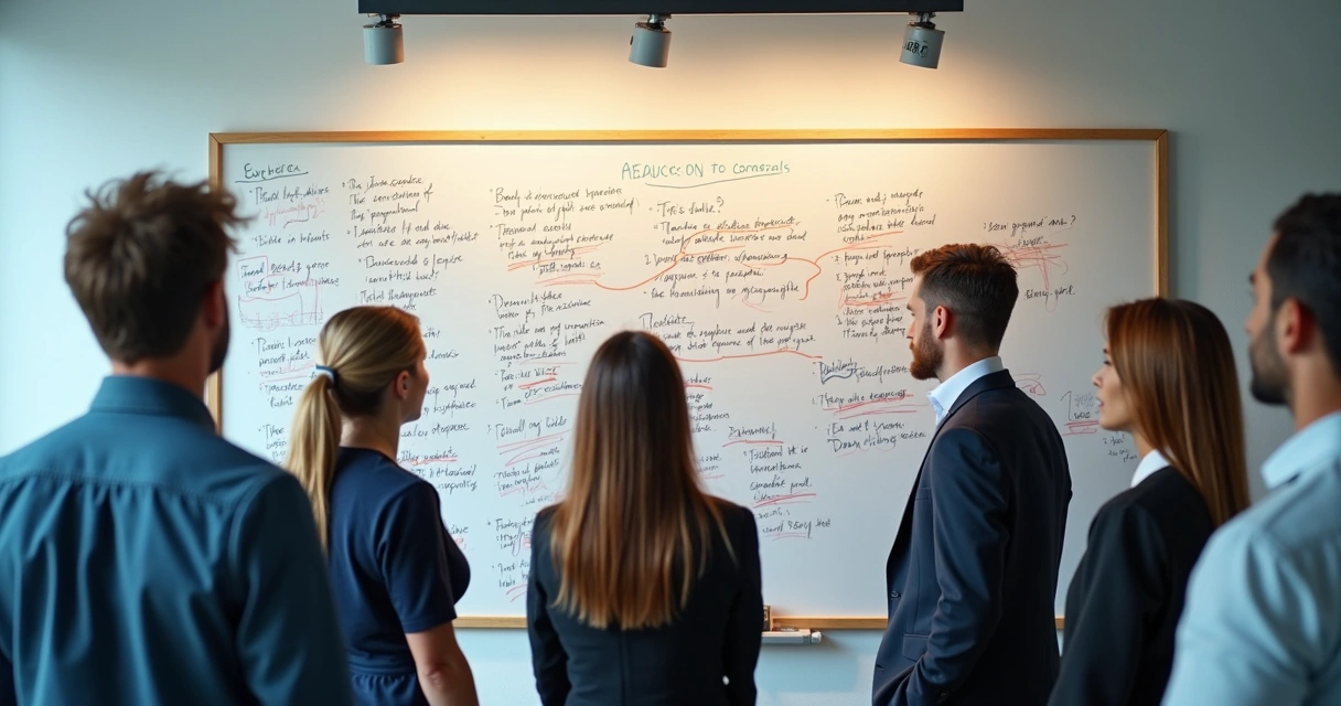 Confused employees looking at a whiteboard with overlapping goals