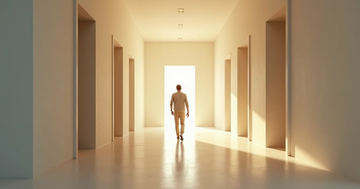 Person walking through aligned doorways with fading shadowy silhouettes behind 