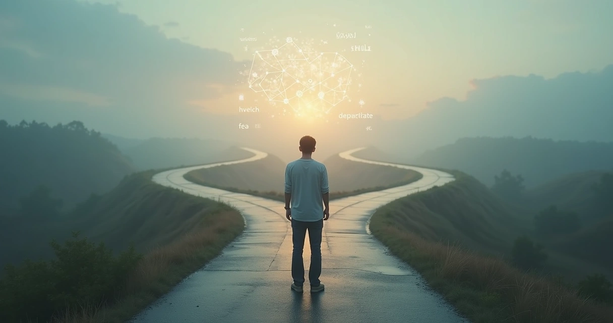 Person standing at a crossroads with overlapping transparent thought layers 