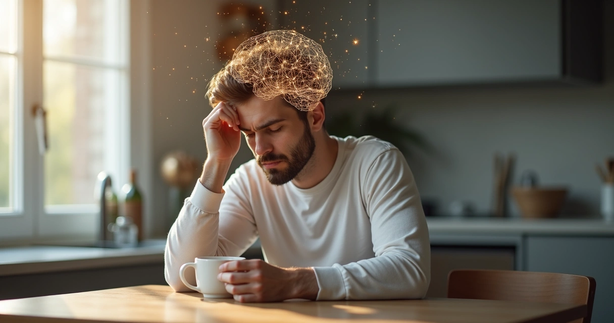 Person surrounded by overlapping silhouettes and tangled thought patterns 