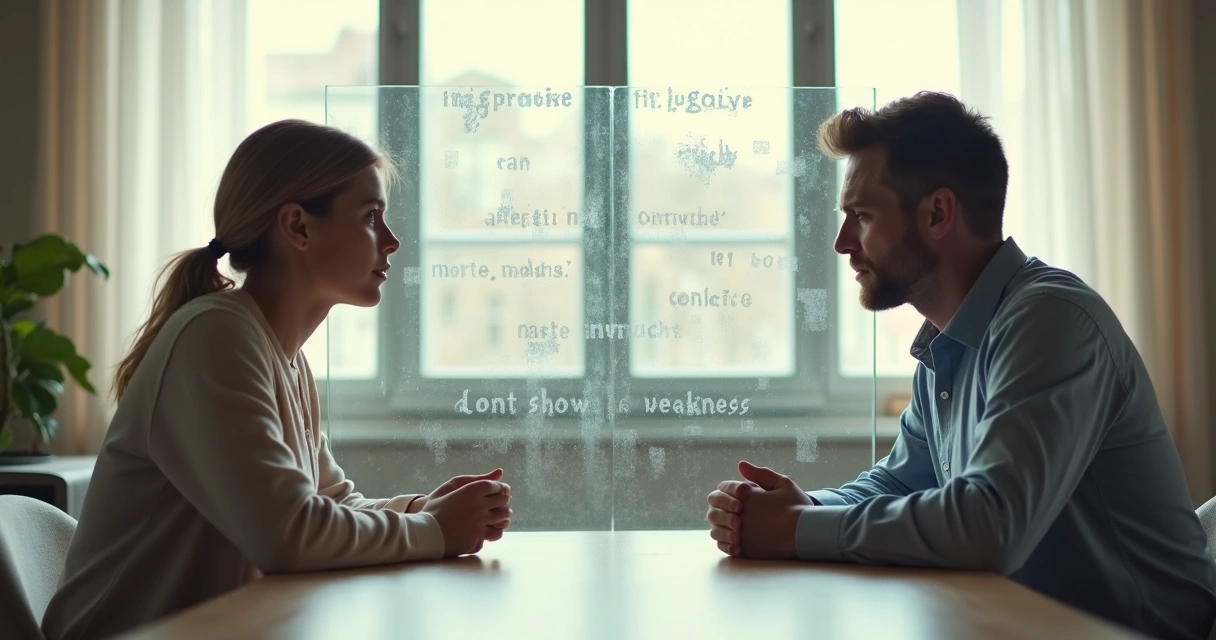 Two people facing each other separated by a glass wall filled with words and symbols between them 