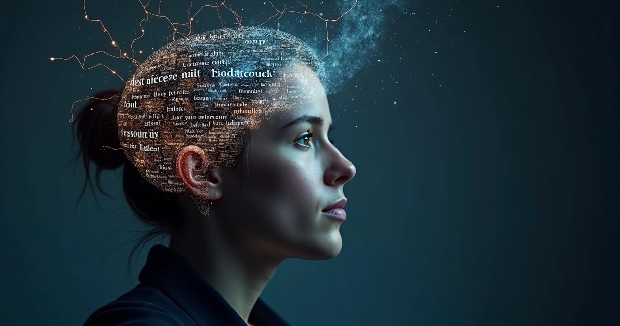 Side profile of a person with glowing words and neural patterns emerging from their head 
