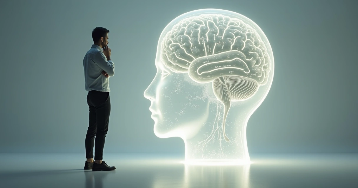 Person observing a transparent head filled with layered belief patterns 