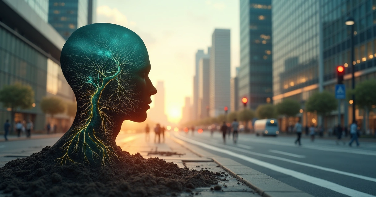 Silhouette with glowing roots beneath a fragmented cityscape sky 
