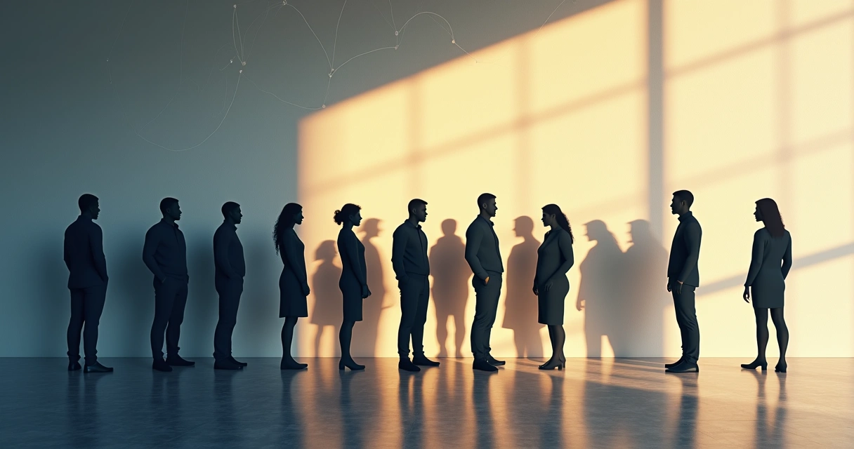 Human silhouettes casting contrasting shadows shaped by unconscious bias 