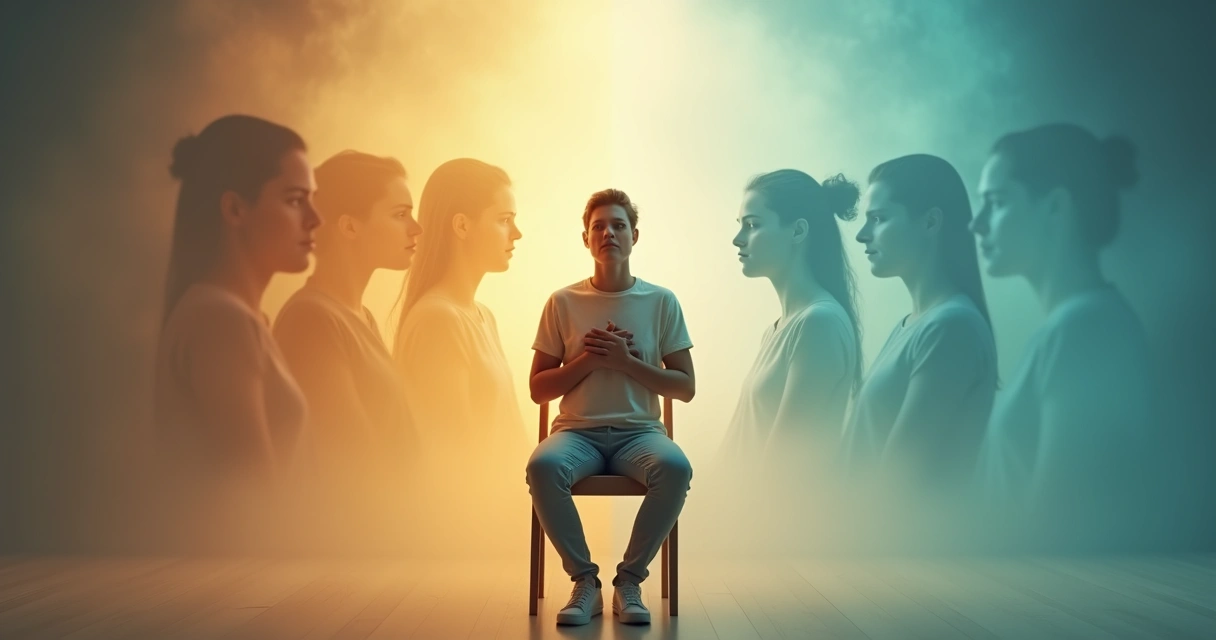 Person surrounded by overlapping transparent profiles and branching paths symbolizing unconscious bias in choices 