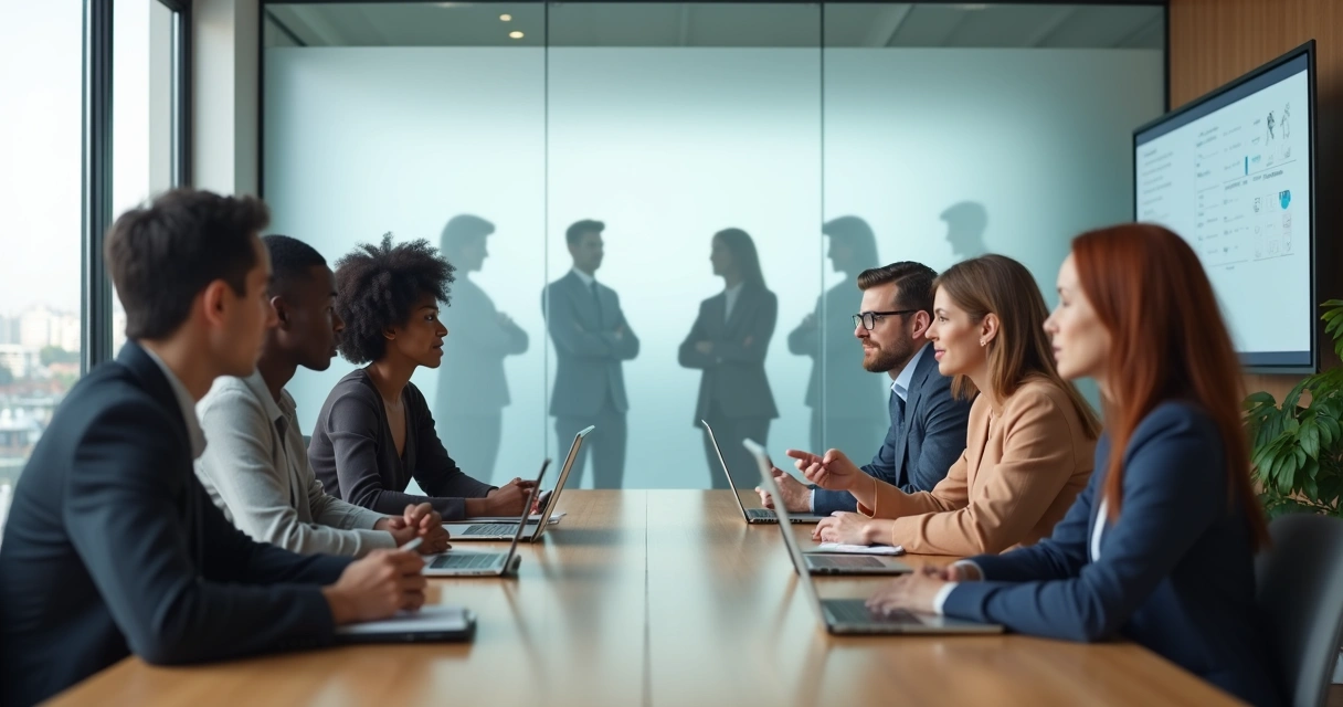 Diverse office team in meeting with subtle shadow silhouettes on glass wall 