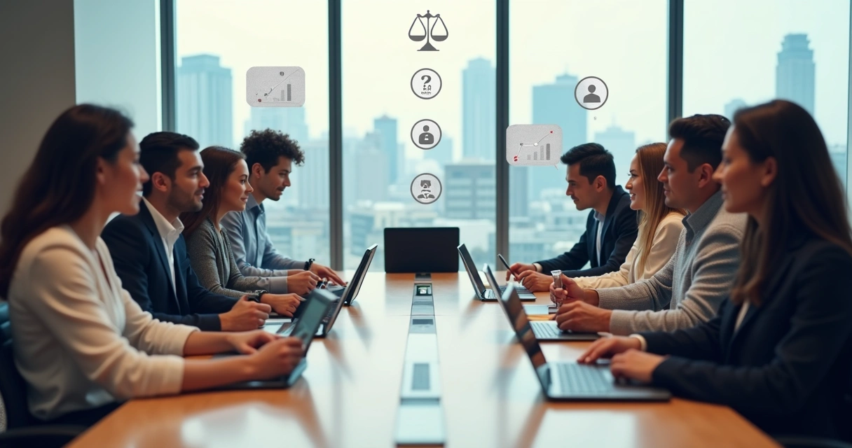 Diverse team in meeting separated by transparent wall with hidden bias icons 