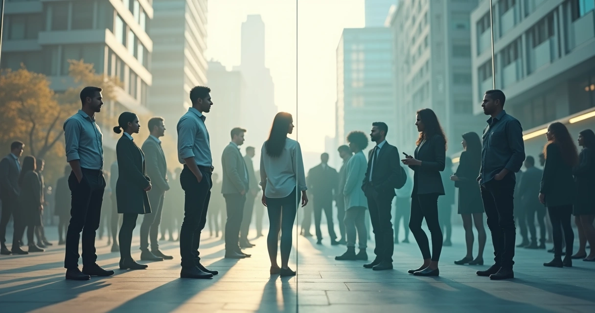 Diverse group of people separated by an invisible glass wall with overlapping silhouettes 